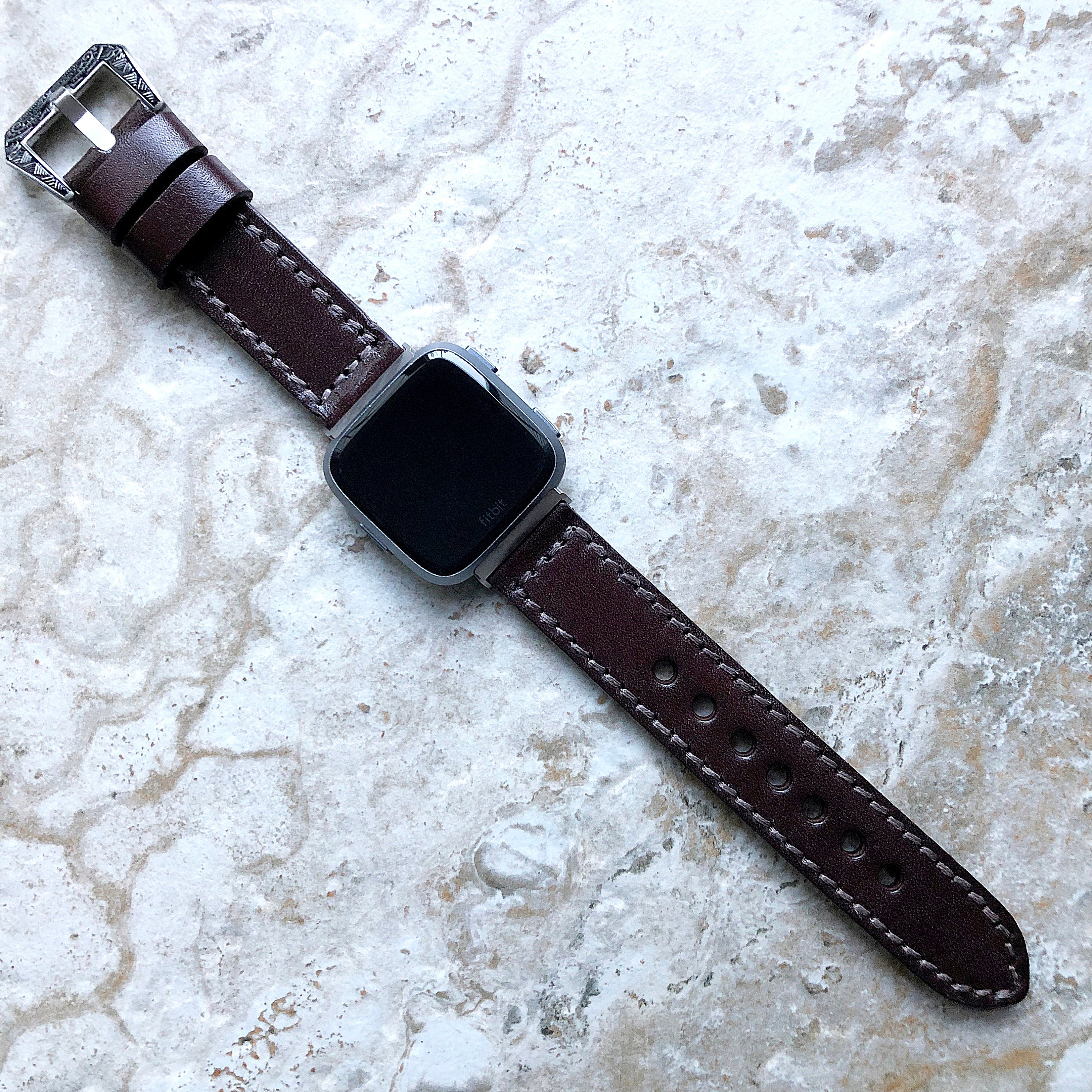 Fitbit Versa 2 3 4 Sense 2 Dark Brown Band Fully Stitched Handmade Thick Leather Strap Bracelet Watch Quick Release Silver Rose Gold Black